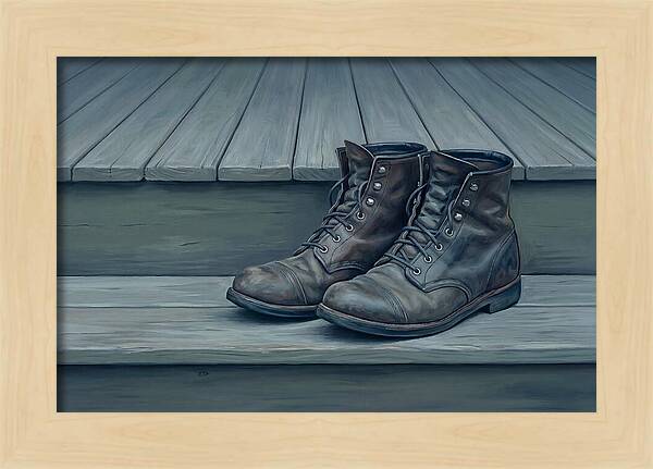 Worn Leather Boots On Porch Steps