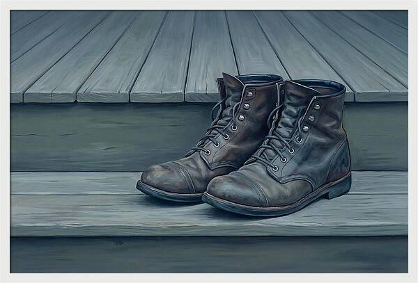 Worn Leather Boots On Porch Steps