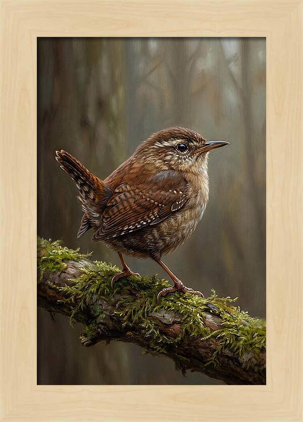 Wren Perched On Mossy Branch