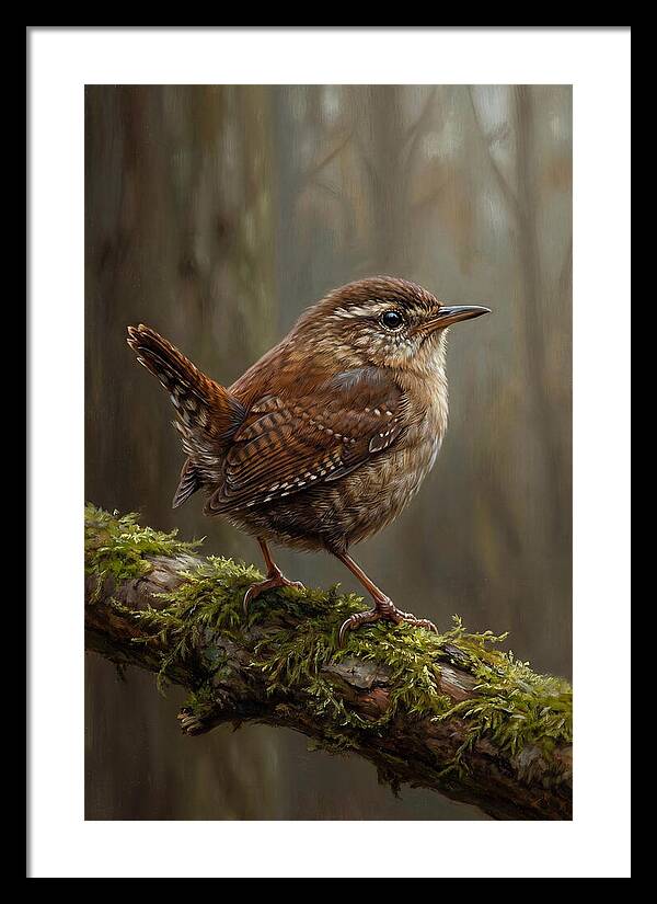 Wren Perched On Mossy Branch