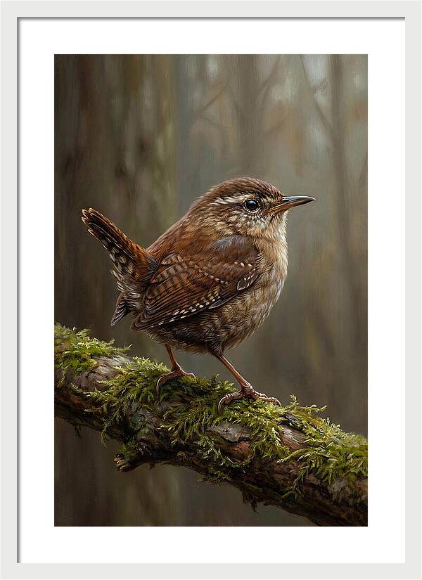Wren Perched On Mossy Branch