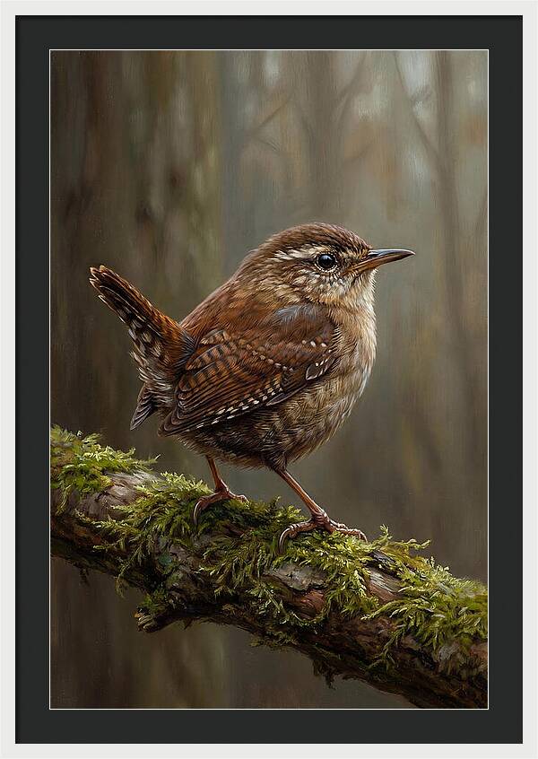 Wren Perched On Mossy Branch