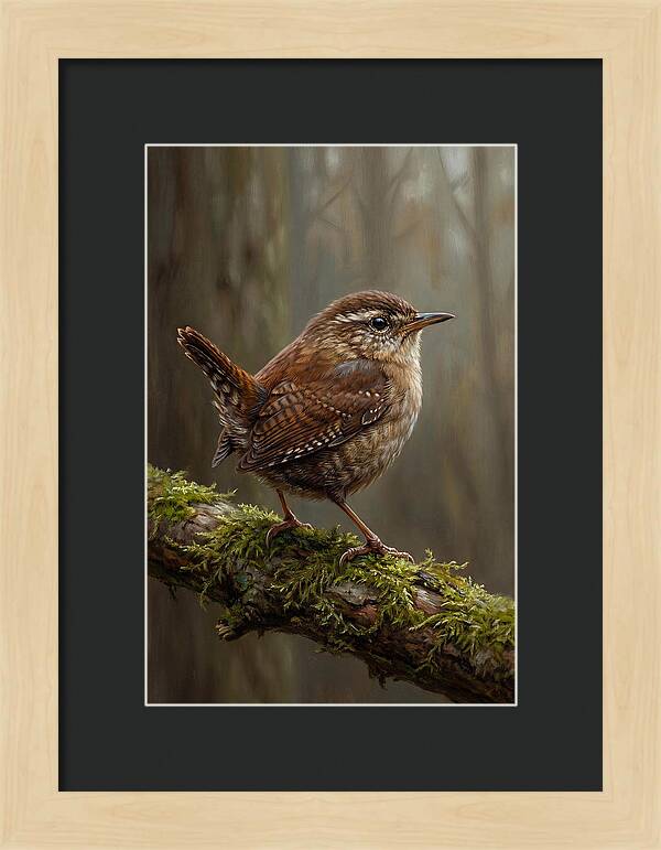 Wren Perched On Mossy Branch