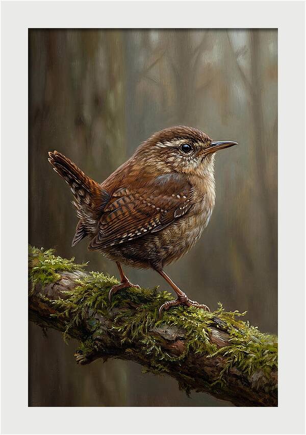 Wren Perched On Mossy Branch