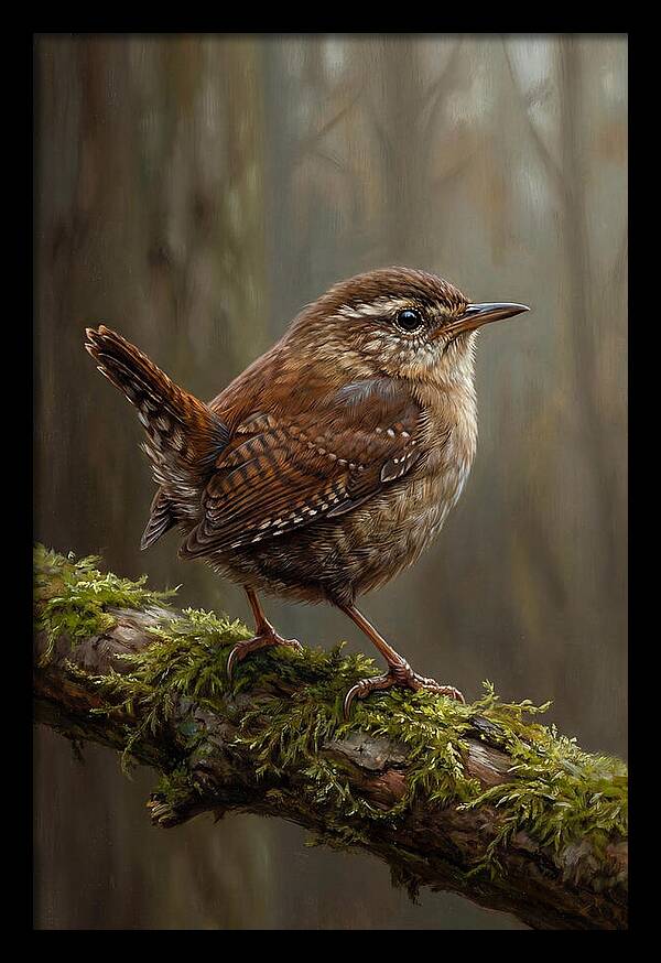 Wren Perched On Mossy Branch