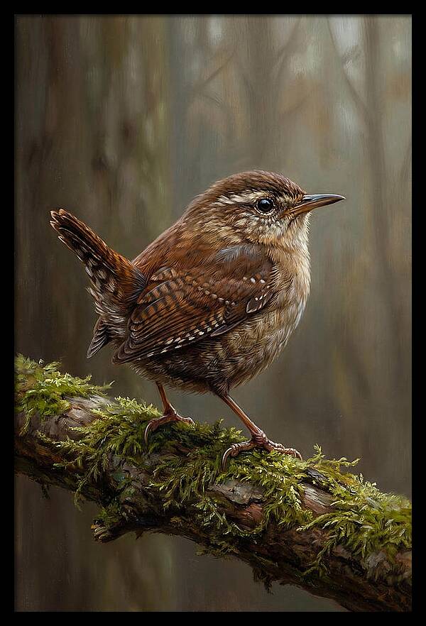 Wren Perched On Mossy Branch