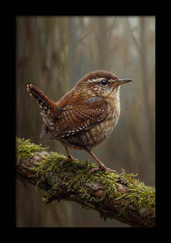 Wren Perched On Mossy Branch