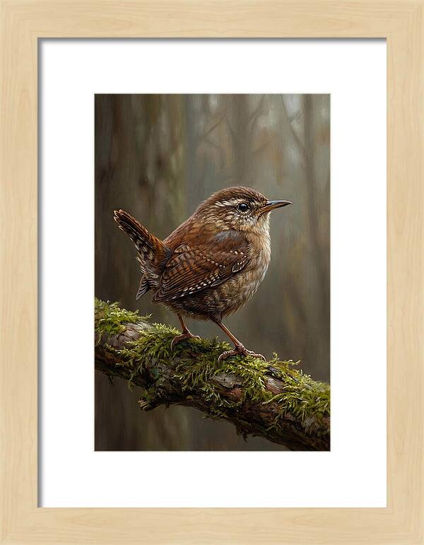 Wren Perched On Mossy Branch