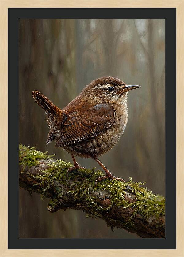 Wren Perched On Mossy Branch