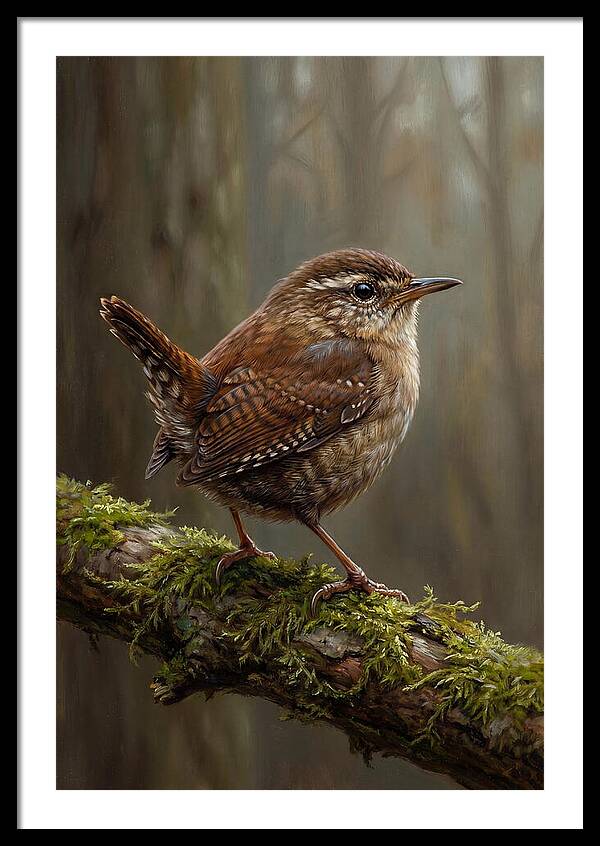 Wren Perched On Mossy Branch