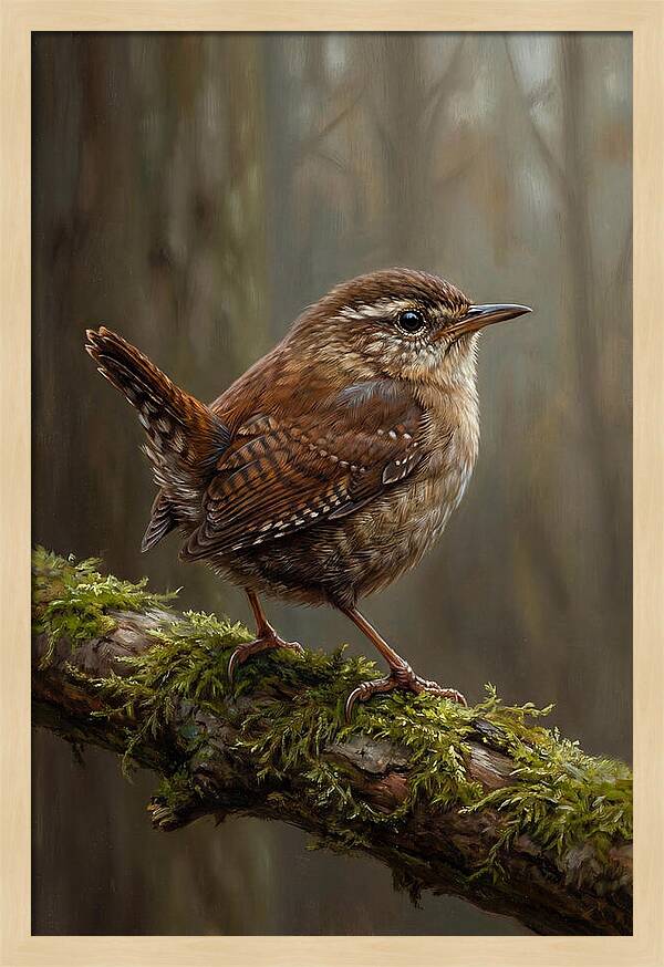 Wren Perched On Mossy Branch