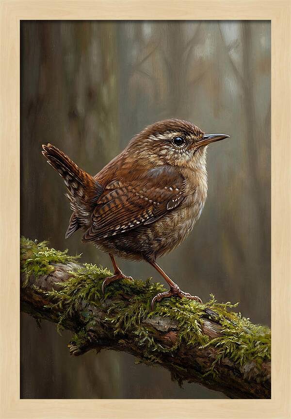 Wren Perched On Mossy Branch