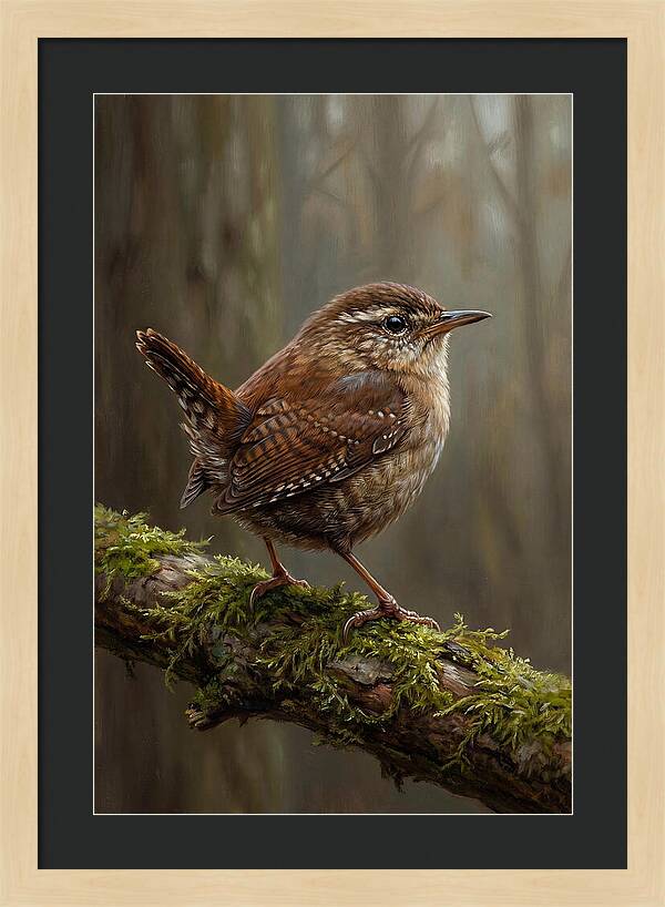 Wren Perched On Mossy Branch