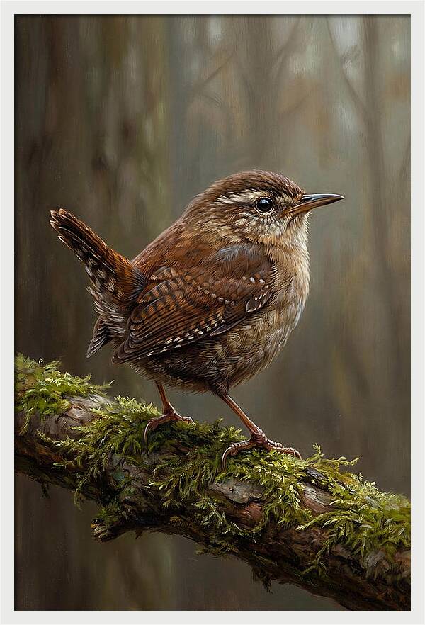 Wren Perched On Mossy Branch