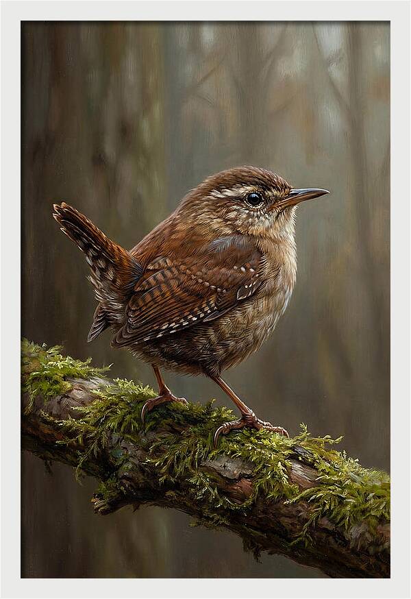 Wren Perched On Mossy Branch