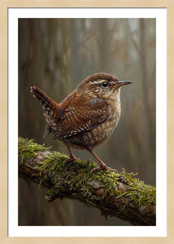 Wren Perched On Mossy Branch