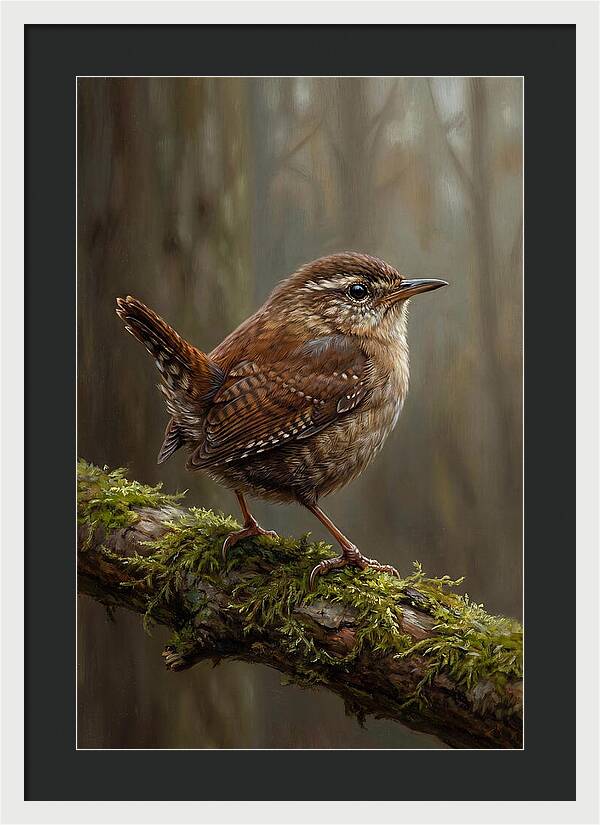 Wren Perched On Mossy Branch