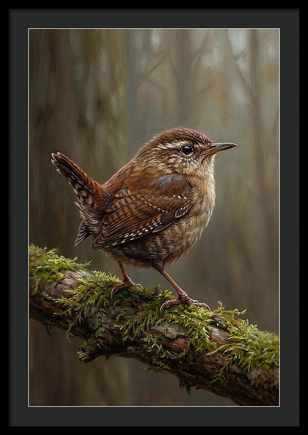 Wren Perched On Mossy Branch