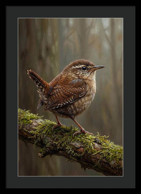 Wren Perched On Mossy Branch