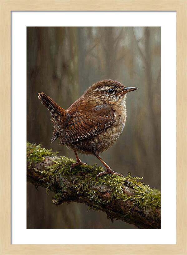 Wren Perched On Mossy Branch