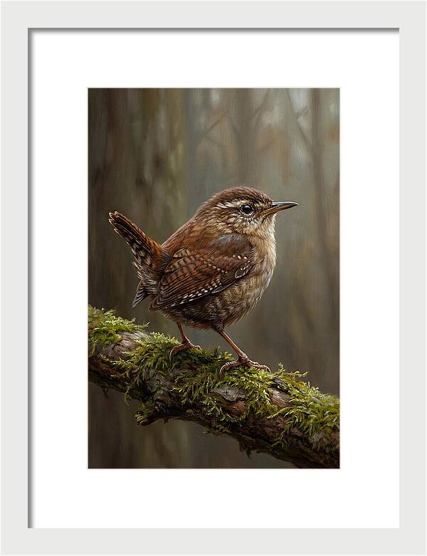 Wren Perched On Mossy Branch
